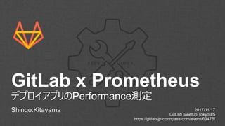 GitLab x Prometheus
デプロイアプリのPerformance測定
Shingo.Kitayama 2017/11/17
GitLab Meetup Tokyo #5
https://gitlab-jp.connpass.com/event/69475/
 