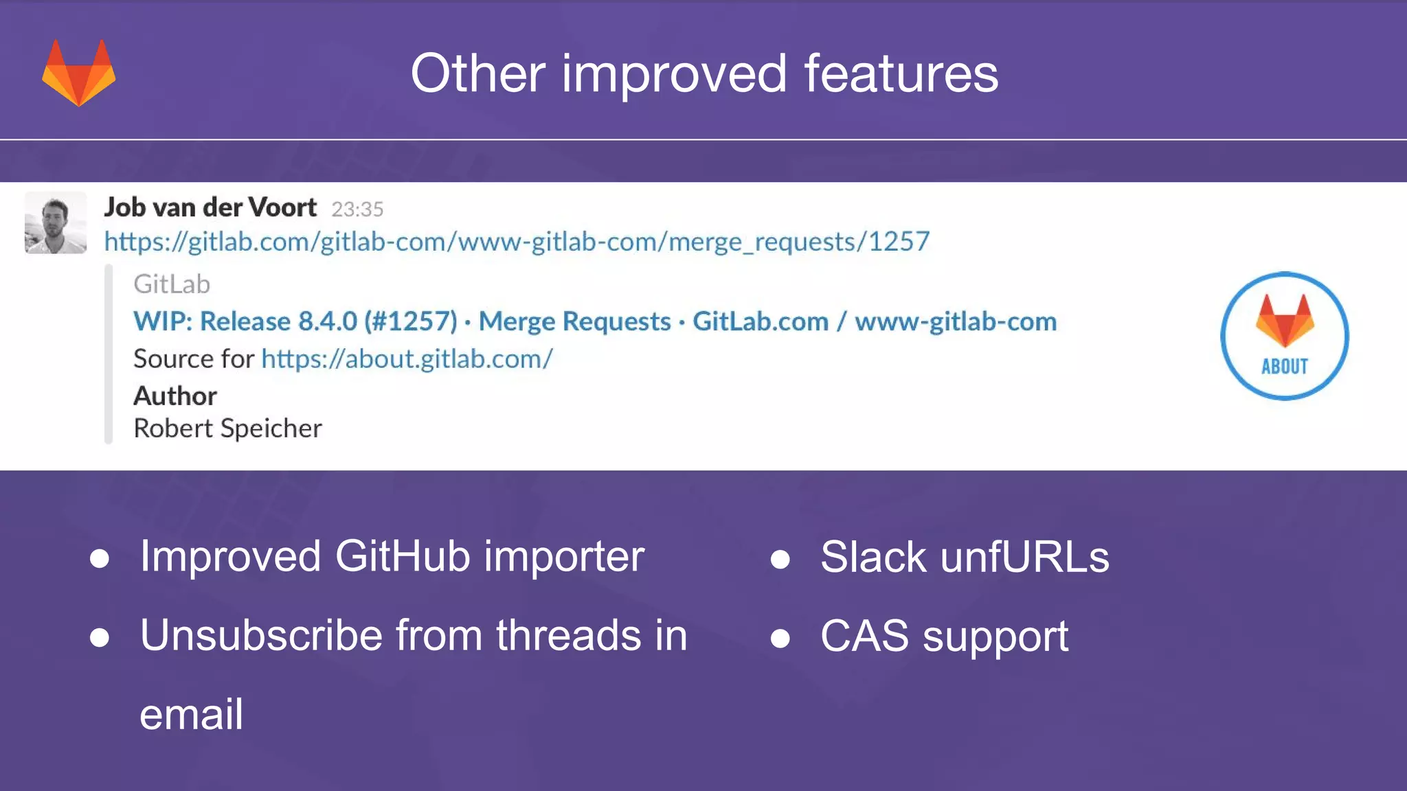 Other improved features
● Improved GitHub importer
● Unsubscribe from threads in
email
● Slack unfURLs
● CAS support
 