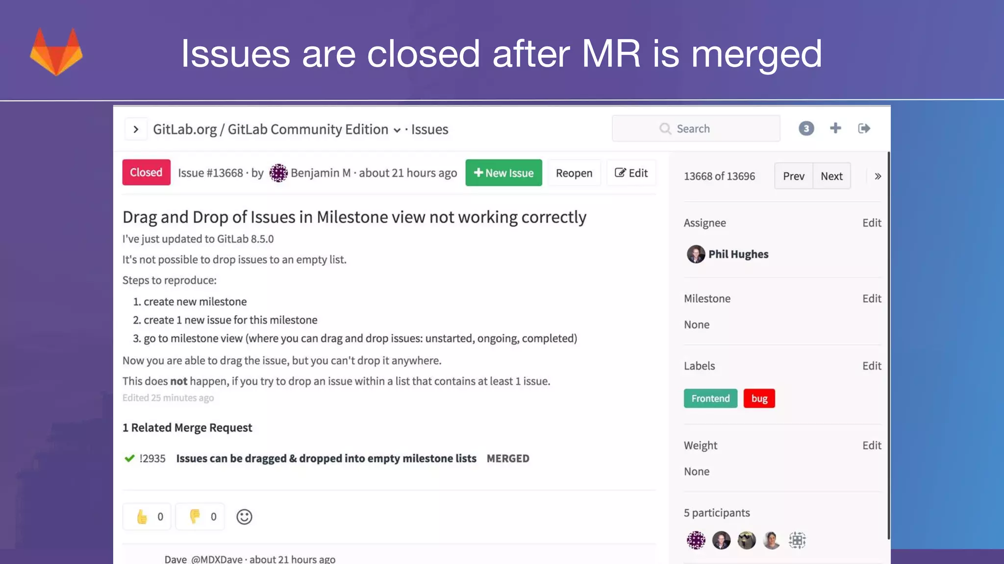 Issues are closed after MR is merged
 