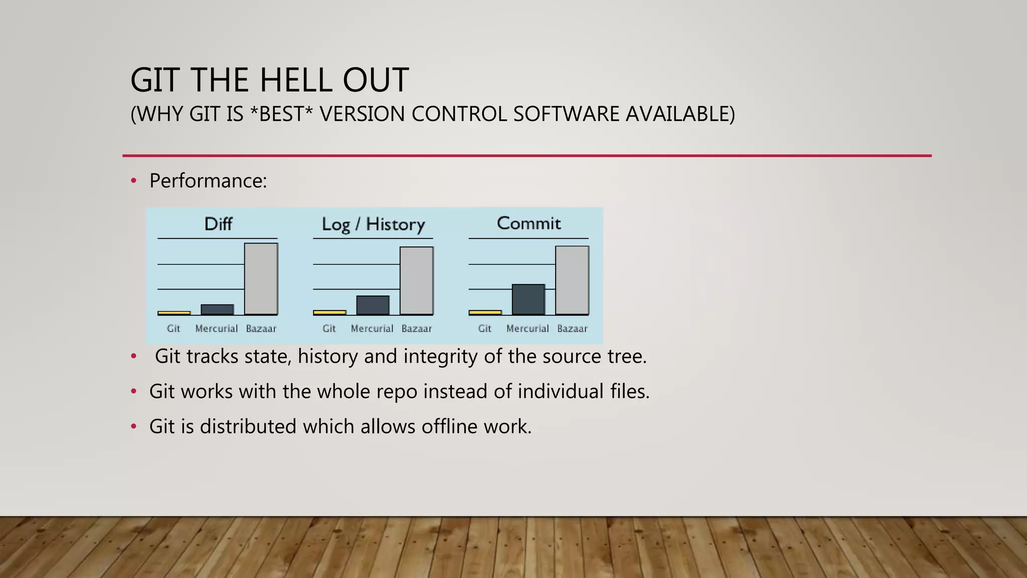 GIT THE HELL OUT (WHY GIT IS *BEST* VERSION CONTROL SOFTWARE AVAILABLE) • Performance: • Git tracks state, history and integrity of the source tree. • Git works with the whole repo instead of individual files. • Git is distributed which allows offline work. 