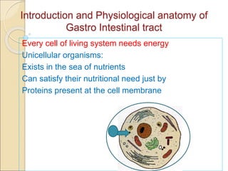 Introduction and Physiological anatomy of
Gastro Intestinal tract
Every cell of living system needs energy
Unicellular organisms:
Exists in the sea of nutrients
Can satisfy their nutritional need just by
Proteins present at the cell membrane
 