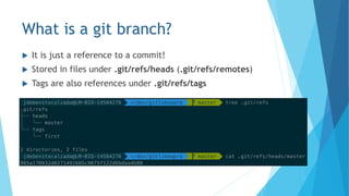 What is a git branch?
 It is just a reference to a commit!
 Stored in files under .git/refs/heads (.git/refs/remotes)
 Tags are also references under .git/refs/tags
 