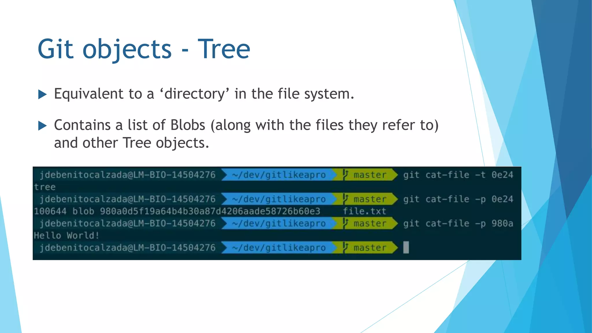 Git objects - Tree
 Equivalent to a ‘directory’ in the file system.
 Contains a list of Blobs (along with the files they refer to)
and other Tree objects.
 