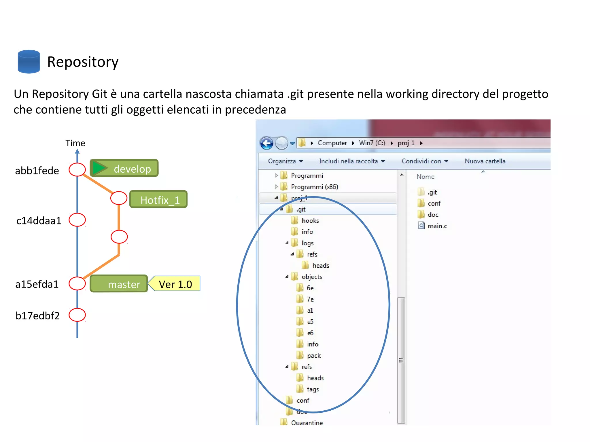 Repository
Un Repository Git è una cartella nascosta chiamata .git presente nella working directory del progetto
che contiene tutti gli oggetti elencati in precedenza
master
b17edbf2
a15efda1
c14ddaa1
abb1fede develop
Ver 1.0
Hotfix_1
Time
 