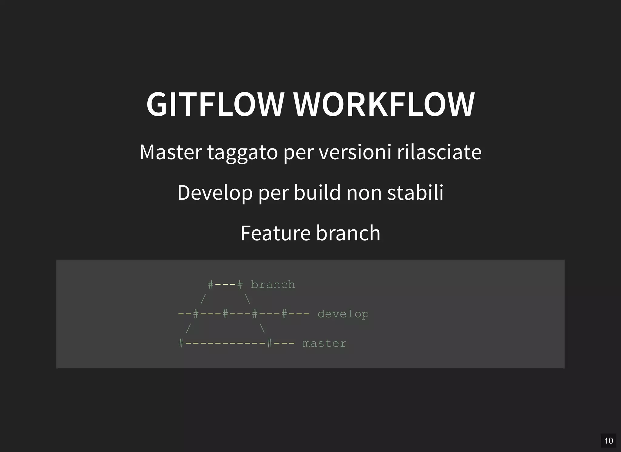 10
GITFLOW WORKFLOW
Master taggato per versioni rilasciate
Develop per build non stabili
Feature branch
        #­­­# branch 
       /      
    ­­#­­­#­­­#­­­#­­­ develop 
     /          
    #­­­­­­­­­­­#­­­ master 
         
 