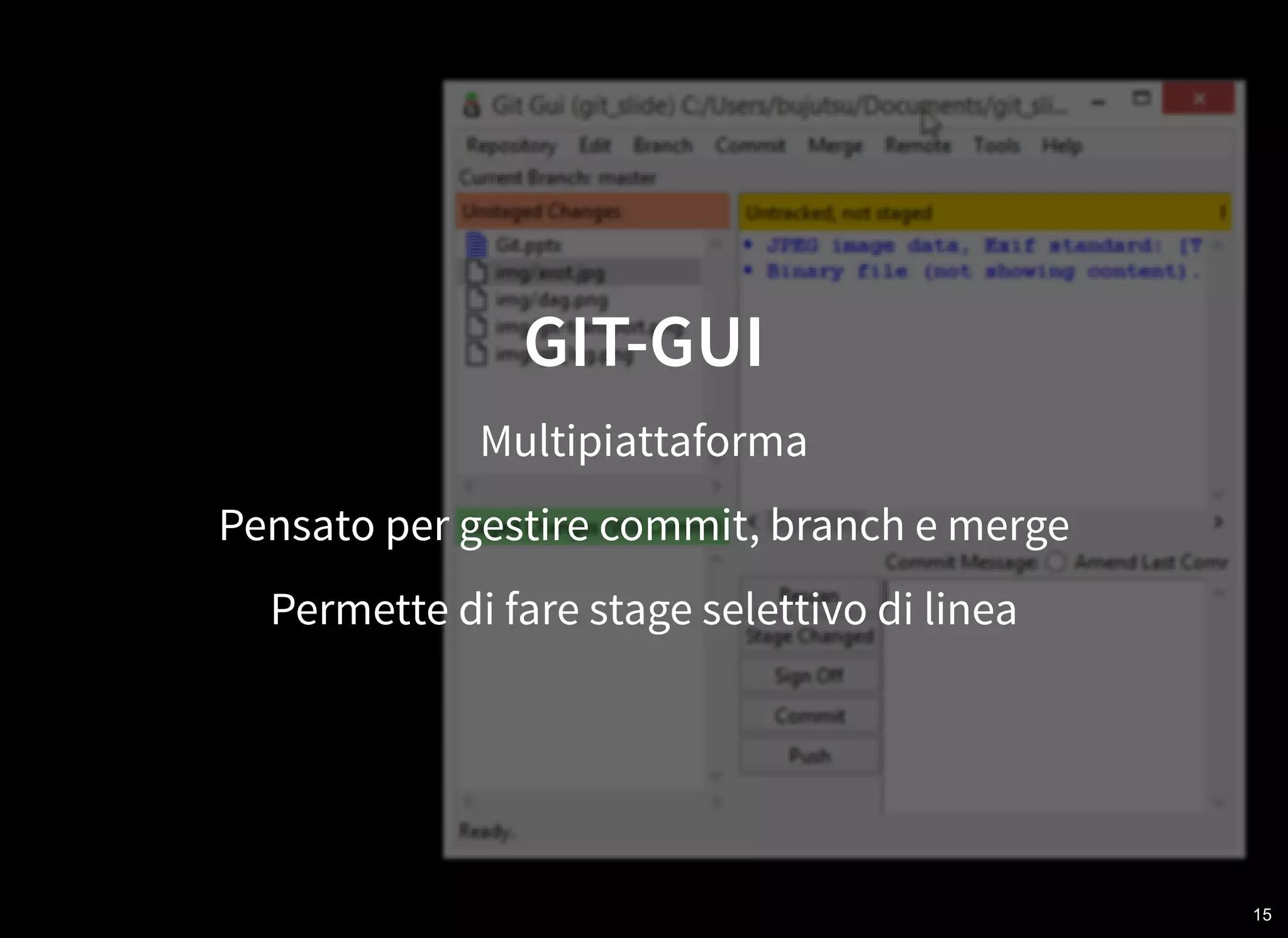 15
GIT-GUI
Multipiattaforma
Pensato per gestire commit, branch e merge
Permette di fare stage selettivo di linea
 