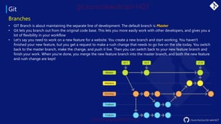 Git
/kunchalavikram1427
Branches
• GIT Branch is about maintaining the separate line of development. The default branch is Master
• Git lets you branch out from the original code base. This lets you more easily work with other developers, and gives you a
lot of flexibility in your workflow
• Let's say you need to work on a new feature for a website. You create a new branch and start working. You haven't
finished your new feature, but you get a request to make a rush change that needs to go live on the site today. You switch
back to the master branch, make the change, and push it live. Then you can switch back to your new feature branch and
finish your work. When you're done, you merge the new feature branch into the master branch, and both the new feature
and rush change are kept!
 