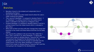 Git
/kunchalavikram1427
Branches
• Basically, A branch is the isolated and independent line of
developing the feature
• Assume the middle line as the master branch where the code is
stable, working and updated
• Then, assume a developer-1 is assigned to develop Feature – 1.
So, Developer-1 is cutting a branch from the master branch
which is indicated in the diagram as in Magenta colour
• Similarly Developer-2 is assigned to develop Feature-2 and he is
cutting a branch from the master branch which is indicated in
Blue colour
• When both of them are done with their changes they merge their
branches to the master and these feature branches can be safely
deleted
• Let’s assume the codebase is the set of four files called File-1,
File-2, File-3, and File-4. So, when Developer-1 is taking the
branch from master to develop feature-1 (assume File-1 and File-
3 are going to be changed for the development). So, the
developer can safely commit his changes on both files into the
master branch. Vice versa, When Developer-2 is taking the
branch from master to develop feature-2 (assume File-2 and File-
4 are going to be changed for the development).
 