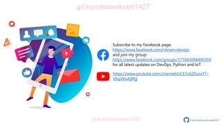 Kubernetes
/kunchalavikram1427
Subscribe to my Facebook page:
https://www.facebook.com/vikram.devops
and join my group:
https://www.facebook.com/groups/171043094400359
for all latest updates on DevOps, Python and IoT
https://www.youtube.com/channel/UCE1cGZfooxT7-
VbqVbuKjMg
 