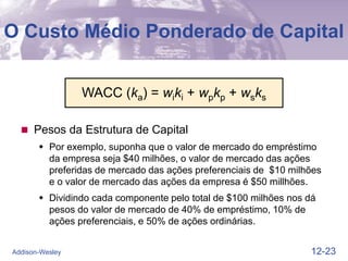 12-23
Addison-Wesley
O Custo Médio Ponderado de Capital
 Pesos da Estrutura de Capital
 Por exemplo, suponha que o valor de mercado do empréstimo
da empresa seja $40 milhões, o valor de mercado das ações
preferidas de mercado das ações preferenciais de $10 milhões
e o valor de mercado das ações da empresa é $50 millhões.
 Dividindo cada componente pelo total de $100 milhões nos dá
pesos do valor de mercado de 40% de empréstimo, 10% de
ações preferenciais, e 50% de ações ordinárias.
WACC (ka) = wiki + wpkp + wsks
 