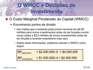 12-28
Addison-Wesley
BPpatrimônio = $2.000.000/.5 = $4.000.000
BPempréstimo = $1.000.000/.4 = $2.500.000
O WMCC e Decisões de
Investimento
 O Custo Marginal Ponderado do Capital (WMCC)
 Encontrando pontos de divisão
• Isto implica que a empresa pode prover recursos de até $4
milhões para novos investimentos antes de ser forçada a emitir
novas ações e $2,5 milhões de novos investimentos antes de
ser forçada a levantar empréstimo mais caro.
• Dadas estas informações, podemos calcular o WMCC como
segue:
 