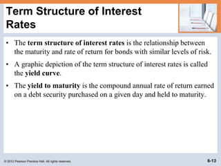 © 2012 Pearson Prentice Hall. All rights reserved. 6-13
Term Structure of Interest
Rates
• The term structure of interest ...