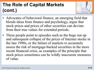 © 2012 Pearson Prentice Hall. All rights reserved. 2-14
The Role of Capital Markets
(cont.)
• Advocates of behavioral finance, an emerging field that
blends ideas from finance and psychology, argue that
stock prices and prices of other securities can deviate
from their true values for extended periods.
• These people point to episodes such as the huge run up
and subsequent collapse of the prices of Internet stocks in
the late 1990s, or the failure of markets to accurately
assess the risk of mortgage-backed securities in the more
recent financial crisis, as examples of the principle that
stock prices sometimes can be wildly inaccurate measures
of value.
 