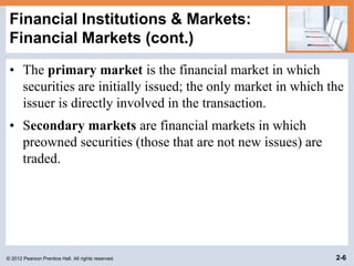 © 2012 Pearson Prentice Hall. All rights reserved. 2-6
Financial Institutions & Markets:
Financial Markets (cont.)
• The primary market is the financial market in which
securities are initially issued; the only market in which the
issuer is directly involved in the transaction.
• Secondary markets are financial markets in which
preowned securities (those that are not new issues) are
traded.
 
