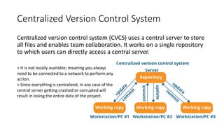 Centralized Version Control System
Centralized version control system (CVCS) uses a central server to store
all files and enables team collaboration. It works on a single repository
to which users can directly access a central server.
> It is not locally available; meaning you always
need to be connected to a network to perform any
action.
> Since everything is centralized, in any case of the
central server getting crashed or corrupted will
result in losing the entire data of the project.
 