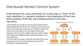 Distributed Version Control System
In Distributed VCS, every contributor has a local copy or “clone” of the
main repository i.e. everyone maintains a local repository of their own
which contains all the files and metadata present in the main
repository.
> Committing new change-sets can be done locally without
manipulating the data on the main repository. Once you have
a group of change-sets ready, you can push them all at once.
> Since every contributor has a full copy of the project
repository, they can share changes with one another if they
want to get some feedback before affecting changes in the
main repository.
> If the central server gets crashed at any point of time, the
lost data can be easily recovered from any one of the
contributor’s local repositories.
 
