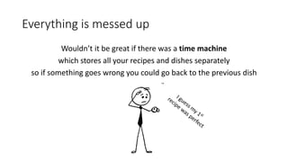 Everything is messed up
Wouldn’t it be great if there was a time machine
which stores all your recipes and dishes separately
so if something goes wrong you could go back to the previous dish
 