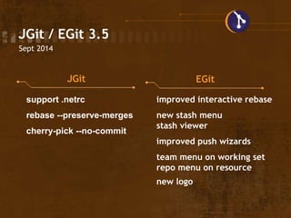 JGit / EGit 3.5
Sept 2014
JGit EGit
support .netrc
rebase --preserve-merges
cherry-pick --no-commit
improved interactive r...