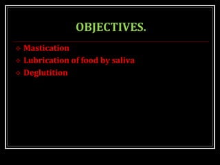 OBJECTIVES.
 Mastication
 Lubrication of food by saliva
 Deglutition
 