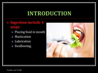 INTRODUCTION
 Ingestion include 4
steps
 Placing food in mouth
 Mastication
 Lubrication
 Swallowing.
Thursday, June 18, 2020
 