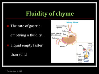 Fluidity of chyme
 The rate of gastric
emptying α fluidity.
 Liquid empty faster
than solid
Thursday, June 18, 2020
 