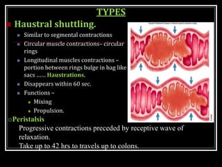 TYPES
 Haustral shuttling.
 Similar to segmental contractions
 Circular muscle contractions– circular
rings
 Longitudinal muscles contractions –
portion between rings bulge in bag like
sacs …… Haustrations.
 Disappears within 60 sec.
 Functions –
 Mixing
 Propulsion.
oPeristalsis
Progressive contractions preceded by receptive wave of
relaxation.
Take up to 42 hrs to travels up to colons.
 