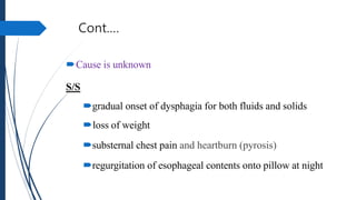 Cont.…
Cause is unknown
S/S
gradual onset of dysphagia for both fluids and solids
loss of weight
substernal chest pain and heartburn (pyrosis)
regurgitation of esophageal contents onto pillow at night
 