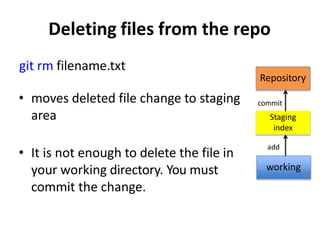 Deleting files from the repo
git rm filename.txt
• moves deleted file change to staging
area
• It is not enough to delete the file in
your working directory. You must
commit the change.
Staging
index
working
Repository
add
commit
 