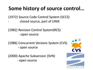 Some history of source control…
(1972) Source Code Control System (SCCS)
- closed source, part of UNIX
(1982) Revision Control System(RCS)
- open source
(1986) Concurrent Versions System (CVS)
- open source
(2000) Apache Subversion (SVN)
- open source
 