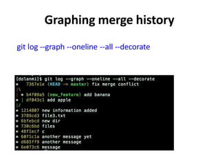 Graphing merge history
git log --graph --oneline --all --decorate
 