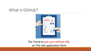 What is GitHub?
The Trend to put your GitHub URL
on The Job application form
 