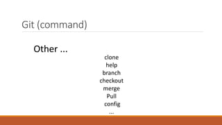 Git (command)
clone
help
branch
checkout
merge
Pull
config
...
Other ...
 