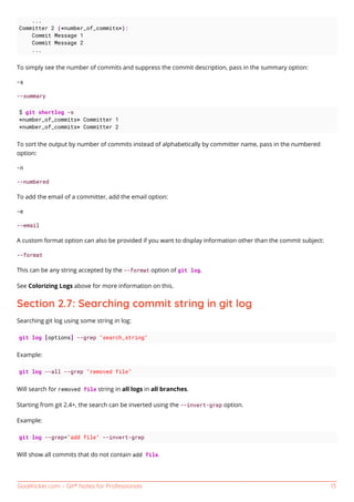 GoalKicker.com – Git® Notes for Professionals 13
...
Committer 2 (<number_of_commits>):
Commit Message 1
Commit Message 2
...