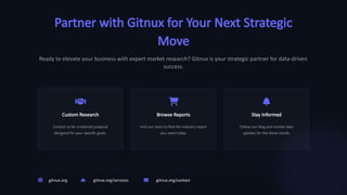 Partner with Gitnux for Your Next Strategic
Move
Ready to elevate your business with expert market research? Gitnux is your strategic partner for data-driven
success.
Custom Research
Contact us for a tailored proposal
designed for your specific goals.
Browse Reports
Visit our store to find the industry report
you need today.
Stay Informed
Follow our blog and market data
updates for the latest trends.
gitnux.org gitnux.org/services gitnux.org/contact
 
