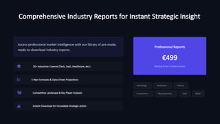 Comprehensive Industry Reports for Instant Strategic Insight
Access professional market intelligence with our library of pre-made,
ready-to-download industry reports.
50+ Industries Covered (Tech, SaaS, Healthcare, etc.)
5-Year Forecasts & Data-Driven Projections
Competitive Landscape & Key Player Analysis
Instant Download for Immediate Strategic Action
Professional Reports
€499
Starting Price / Instant Access
Technology Healthcare Finance
E-commerce Manufacturing SaaS Retail
 
