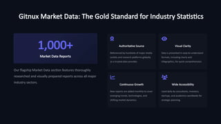 Gitnux Market Data: The Gold Standard for Industry Statistics
1,000+
Market Data Reports
Our flagship Market Data section features thoroughly
researched and visually prepared reports across all major
industry sectors.
Authoritative Source
Referenced by hundreds of major media
outlets and research platforms globally
as a trusted data provider.
Visual Clarity
Data is presented in easy-to-understand
formats, including charts and
infographics, for quick comprehension.
Continuous Growth
New reports are added monthly to cover
emerging trends, technologies, and
shifting market dynamics.
Wide Accessibility
Used daily by consultants, investors,
startups, and academics worldwide for
strategic planning.
 