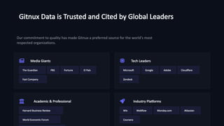 Gitnux Data is Trusted and Cited by Global Leaders
Our commitment to quality has made Gitnux a preferred source for the world's most
respected organizations.
Media Giants
The Guardian PBS Fortune El País
Fast Company
Tech Leaders
Microsoft Google Adobe Cloudflare
Zendesk
Academic & Professional
Harvard Business Review
World Economic Forum
Industry Platforms
Wix Webflow Monday.com Atlassian
Coursera
 