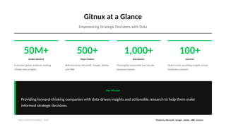Gitnux at a Glance
Empowering Strategic Decisions with Data
50M+
Readers Reached
A massive global audience seeking
reliable data insights.
500+
Major Citations
Referenced by Microsoft, Google, Adobe,
and HBR.
1,000+
Data Reports
Thoroughly researched and visually
prepared reports.
100+
Countries
Global reach providing insights across
borderless markets.
Our Mission
Providing forward-thinking companies with data-driven insights and actionable research to help them make
informed strategic decisions.
Gitnux Team Presentation | 2026 Trusted by Microsoft · Google · Adobe · HBR · Fortune
 