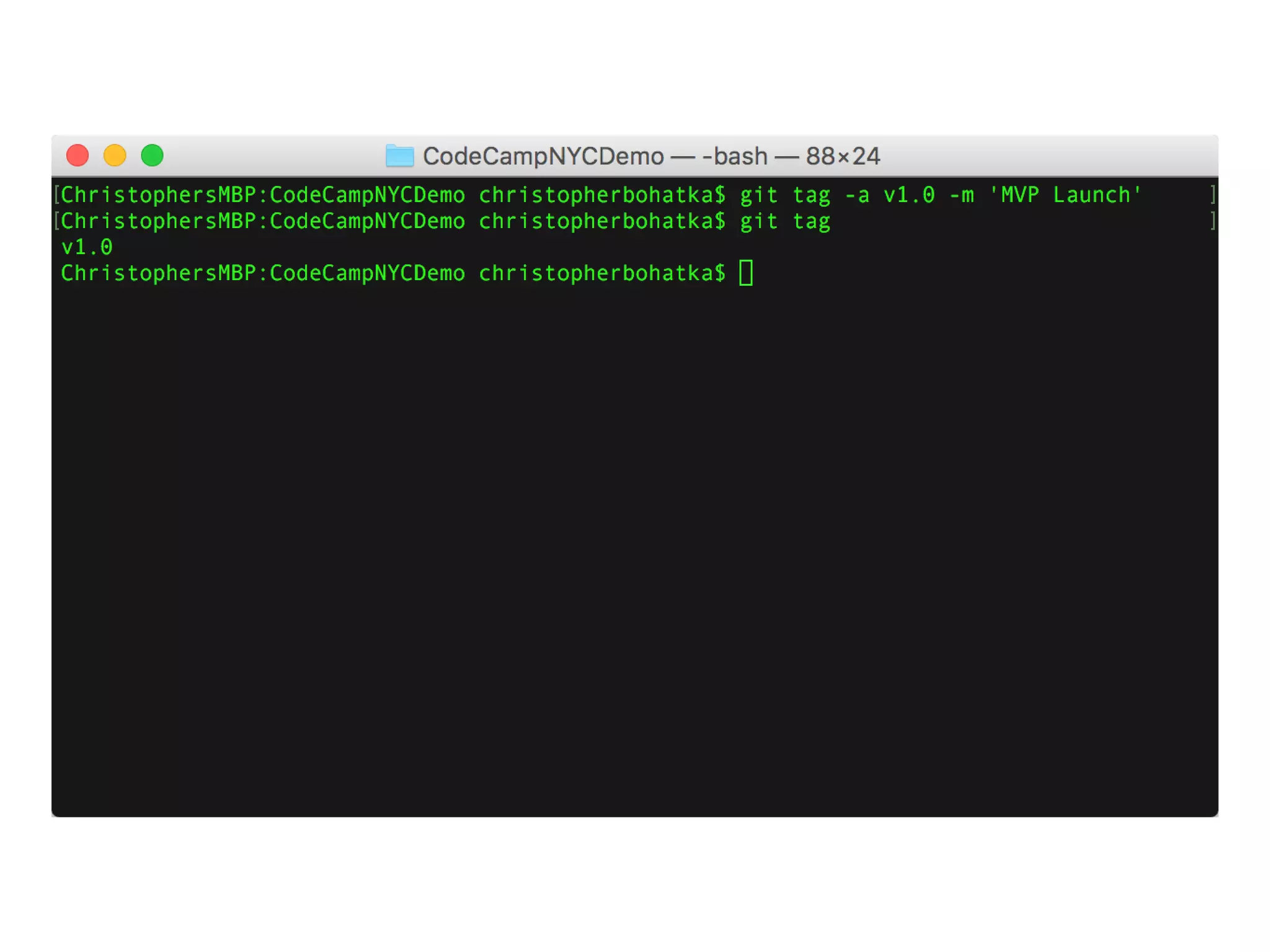 tags
git tag -a <version> -m <commit message>
git tag -a v1.0 -m ‘MVP launch’
 