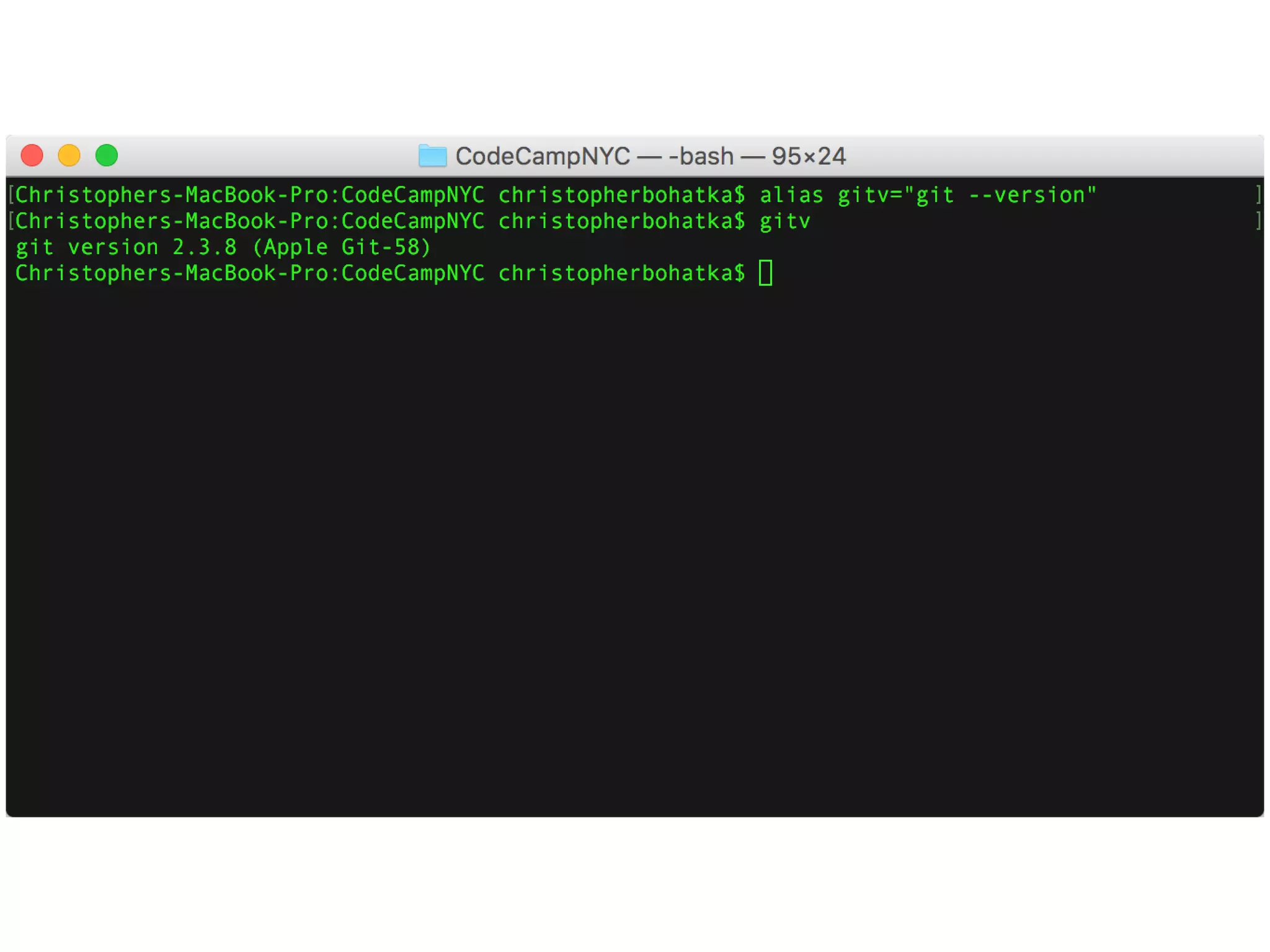 bash aliases
alias gcm=‘git commit -a -m’
alias gpull=‘git pull’
alias gpush=‘git push’
alias newrepo=‘git init’
 