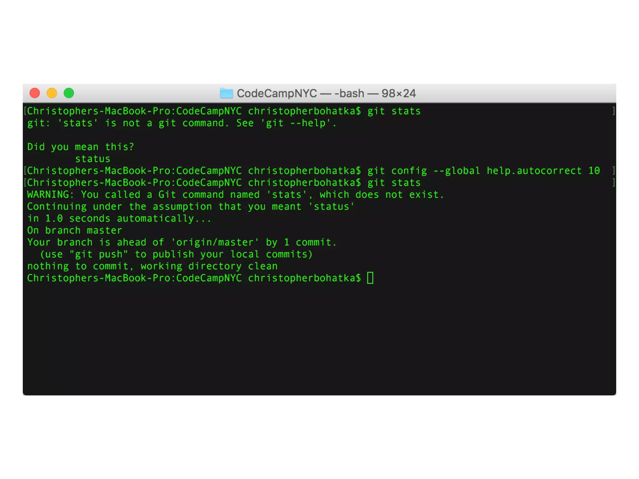 git autocorrect
git config --global help.autocorrect 10
 