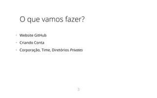 O que vamos fazer?
•   Website GitHub
•   Criando Conta
•   Corporação, Time, Diretórios Privates
3
 
