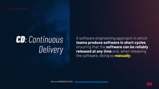 CD: Continuous
Delivery
THE BASICS: CICD
More one CONTINUOUS DELIVERY: https://en.wikipedia.org/wiki/Continuous_delivery
A...