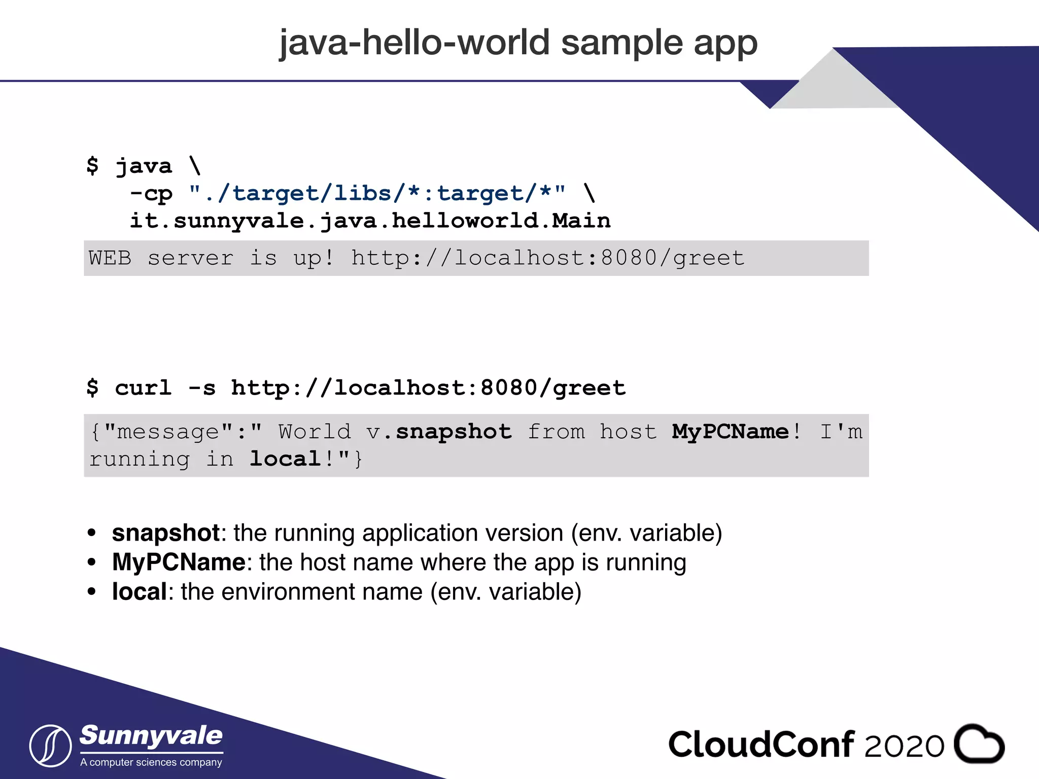 java-hello-world sample app WEB server is up! http://localhost:8080/greet $ java -cp "./target/libs/*:target/*" it.sunnyvale.java.helloworld.Main {"message":" World v.snapshot from host MyPCName! I'm running in local!"} $ curl -s http://localhost:8080/greet • snapshot: the running application version (env. variable) • MyPCName: the host name where the app is running • local: the environment name (env. variable) 
