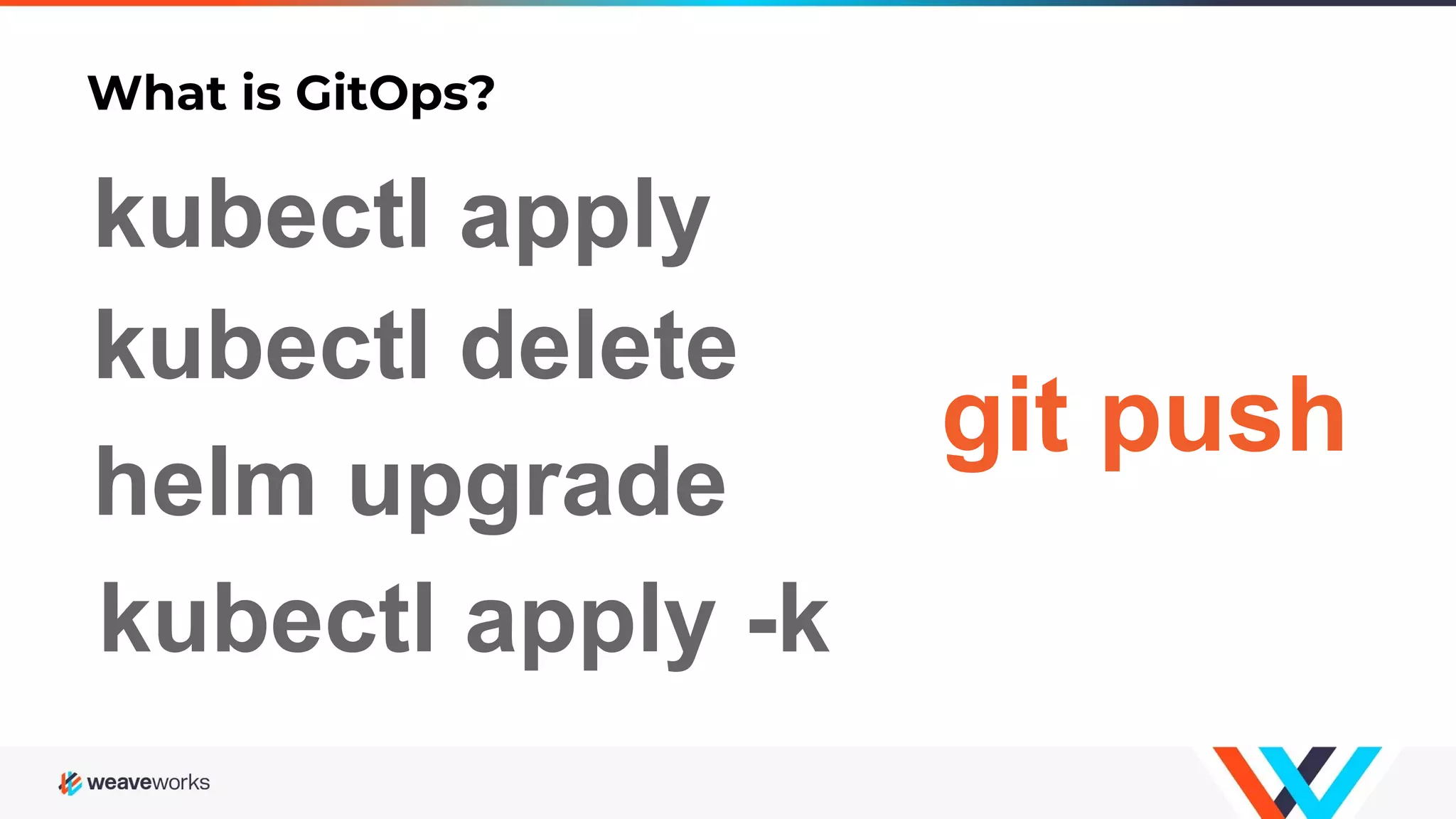 What is GitOps? kubectl delete git push helm upgrade kubectl apply kubectl apply -k 