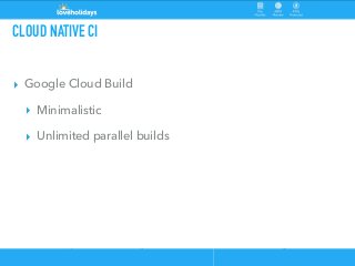 CLOUD NATIVE CI
▸ Google Cloud Build
▸ Minimalistic
▸ Unlimited parallel builds
 