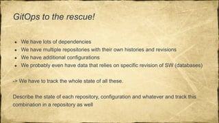 Zürich,
GitOps to the rescue!
● We have lots of dependencies
● We have multiple repositories with their own histories and revisions
● We have additional configurations
● We probably even have data that relies on specific revision of SW (databases)
-> We have to track the whole state of all these.
Describe the state of each repository, configuration and whatever and track this
combination in a repository as well
 