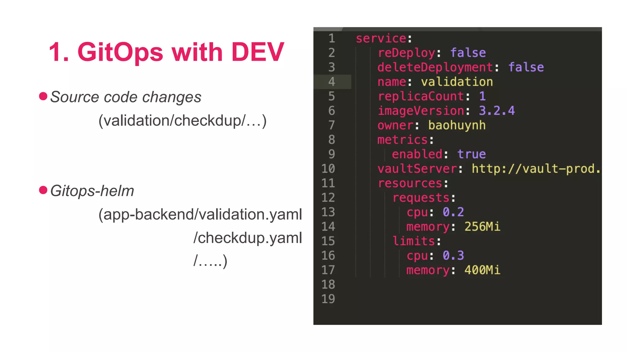 1. GitOps with DEV ●Source code changes (validation/checkdup/…) ●Gitops-helm (app-backend/validation.yaml /checkdup.yaml /…..) 