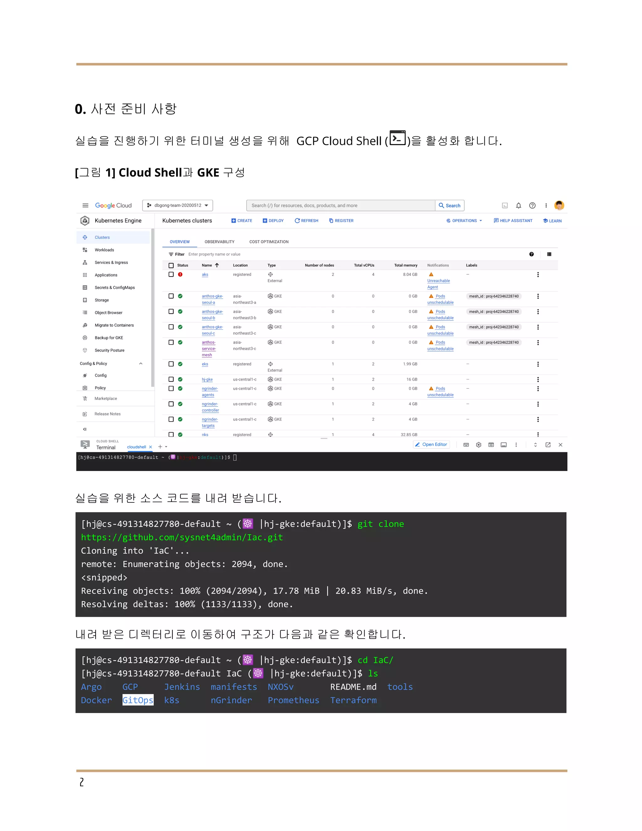 0. 사전 준비 사항
실습을 진행하기 위한 터미널 생성을 위해 GCP Cloud Shell ( )을 활성화 합니다.
[그림 1] Cloud Shell과 GKE 구성
실습을 위한 소스 코드를 내려 받습니다.
[hj@cs-491314827780-default ~ (☸️ |hj-gke:default)]$ git clone
https://github.com/sysnet4admin/Iac.git
Cloning into 'IaC'...
remote: Enumerating objects: 2094, done.
<snipped>
Receiving objects: 100% (2094/2094), 17.78 MiB | 20.83 MiB/s, done.
Resolving deltas: 100% (1133/1133), done.
내려 받은 디렉터리로 이동하여 구조가 다음과 같은 확인합니다.
[hj@cs-491314827780-default ~ (☸️ |hj-gke:default)]$ cd IaC/
[hj@cs-491314827780-default IaC (☸️ |hj-gke:default)]$ ls
Argo GCP Jenkins manifests NXOSv README.md tools
Docker GitOps k8s nGrinder Prometheus Terraform
2
 