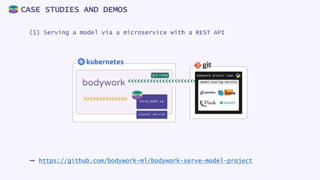 (1) Serving a model via a microservice with a REST API
CASE STUDIES AND DEMOS
➡️ https://github.com/bodywork-ml/bodywork-s...